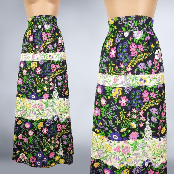 Vintage Dresses & Skirts - VINTAGE 70s Botanical Black & White Color Block Maxi Skirt with Sequins 27" Wais